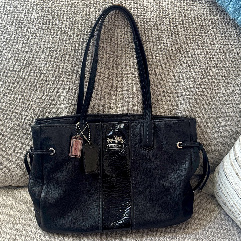 Coach Black Leather Tote with Patent Trim